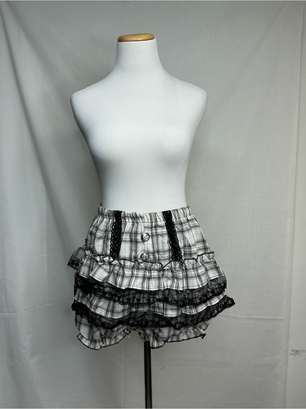 2078 - Black and White Plaid Ruffle Mini Skirt with Lace Trim